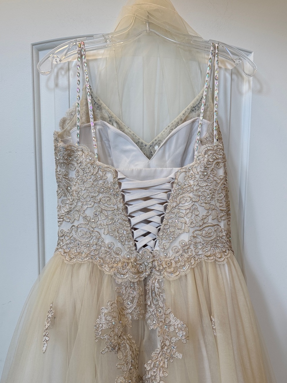 Beaded Lace-Up Champagne Tulle Wedding Dress